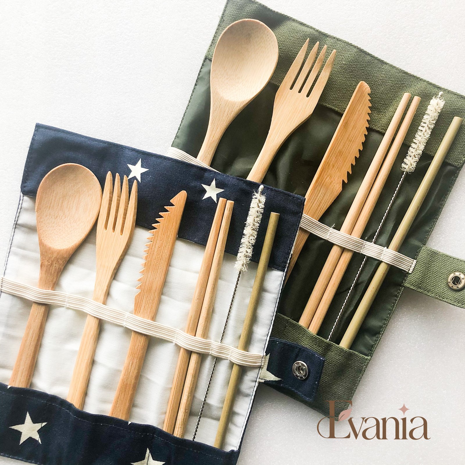 Bamboo Cutlery Set | Zero Waste Reusable | Washable Organic Cotton Travel Pouch & Hemp Cleaning Brush