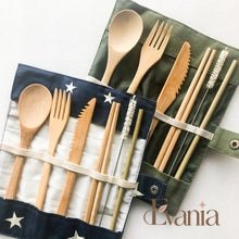 Load image into Gallery viewer, Bamboo Cutlery Set | Zero Waste Reusable | Washable Organic Cotton Travel Pouch &amp; Hemp Cleaning Brush