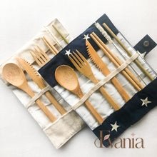Load image into Gallery viewer, Bamboo Cutlery Set | Zero Waste Reusable | Washable Organic Cotton Travel Pouch &amp; Hemp Cleaning Brush