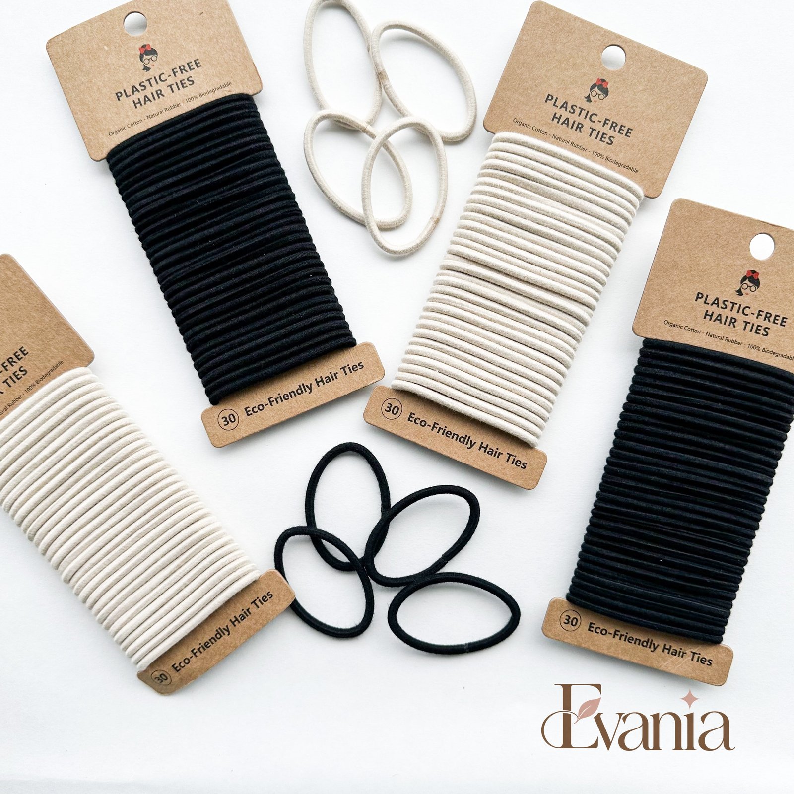 Organic Biodegradable Plastic Free Hair Ties - Zero Waste Eco Friendly Reusable Natural Cotton Hair Ties - Sustainable Living - Pack of 30