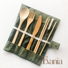 Load image into Gallery viewer, Bamboo Cutlery Set | Zero Waste Reusable | Washable Organic Cotton Travel Pouch &amp; Hemp Cleaning Brush
