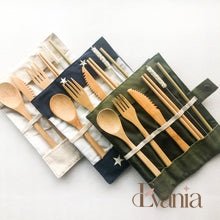 Load image into Gallery viewer, Bamboo Cutlery Set | Zero Waste Reusable | Washable Organic Cotton Travel Pouch &amp; Hemp Cleaning Brush